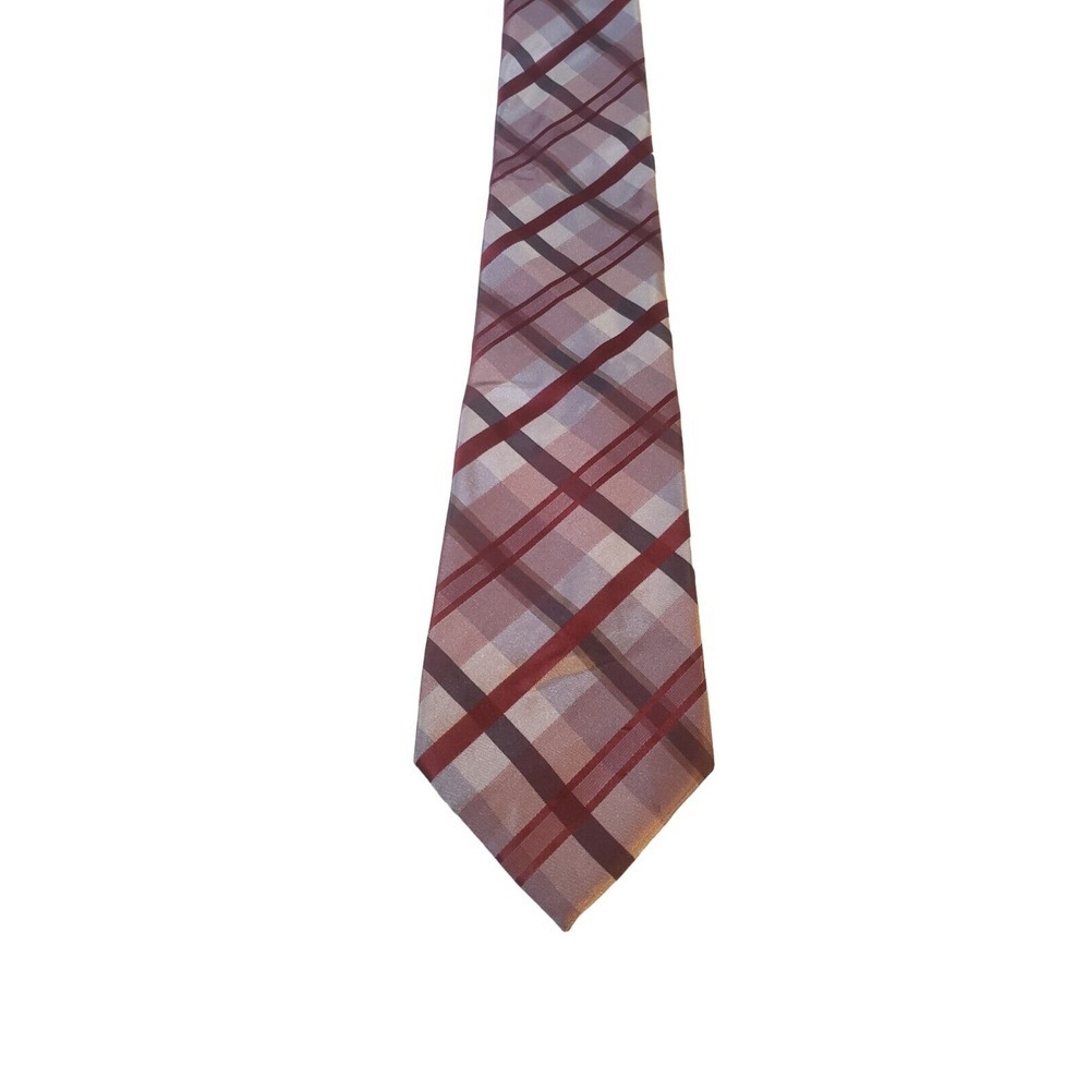 Calvin Klein Mens Necktie Silk Red Burgundy‎ Plaid Executive Office Work Tie